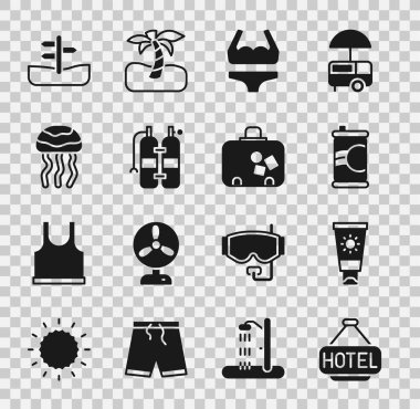 Sinyal panosunu metin oteli, güneş kremi, soda kutusu, mayo, Aqualung, denizanası, trafik ışığı ve çanta ikonu ile ayarla. Vektör