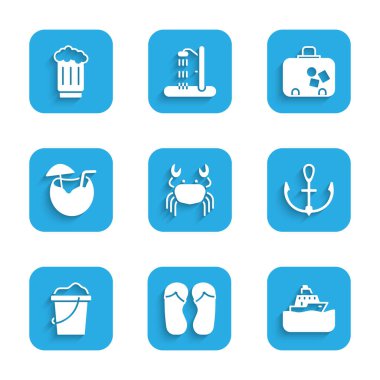 Yengeç, terlik, gezi gemisi, Anchor, kum kovası, hindistan cevizi kokteyli, bavul ve ahşap bira kupası ikonu. Vektör