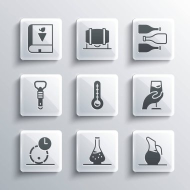 Şarap, şarap tatma, degulasyon, meteoroloji termometresi, tahta fıçı, şişe açacağı, üzüm ve ikon şişeleri hakkında kitap ayarla. Vektör