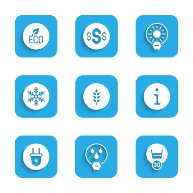 Buğday, su damlası yasak, sıcaklık temizleme, bilgi, elektrik prizi, kar tanesi doğrudan güneş ışığı yok ve Yaprak Çevre simgesi simgesi yok. Vektör