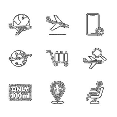 Set Trolley baggage, Plane, Human waiting in airport terminal, Airplane search, Liquids carry-on, Globe with flying, No cell phone and icon. Vector vector