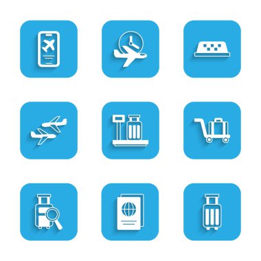Pulları bavul, pasaport, bavul, tramvay bagajı, kayıp uçak, taksi arabası çatısı ve mobil bilet ikonu ile ayarla. Vektör