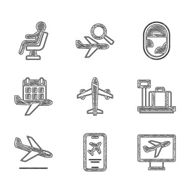 Uçak, mobil bilet, bavul, iniş, takvim uçağı, uçak penceresi ve insan havaalanı ikonu. Vektör