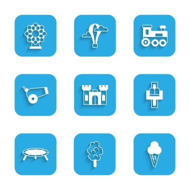 Castle, pamuk şeker, dondurma külahında dondurma, atlıkarınca, zıplayan trambolin, top, oyuncak tren ve dönme dolap ikonu. Vektör