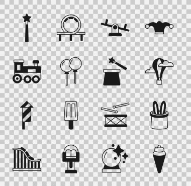 Dondurmayı waffle külahına, sihirbaz şapkasına ve tavşan kulaklarına, sıcak hava balonuna, tahterevalliye, kurdeleli balonlara, oyuncak trene, değneğe ve ikona koy. Vektör