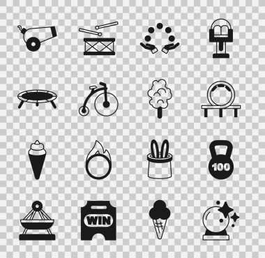 Sihirli top, ağırlık treni, hokkabazlık, klasik bisiklet, trambolin, gülle ve pamuk şeker ikonu. Vektör