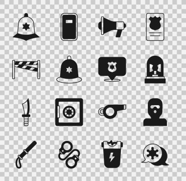 Hexagram şerifi, Hırsız maskesi, Flasher sireni, Megaphone, İngiliz polis kaskı, olay yeri ve polis rozeti ikonu. Vektör