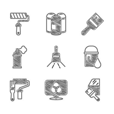 Boya fırçası, RGB ve CMYK renk karışımı, araba boyası, kova, silindir, sprey kutu ve simge. Vektör