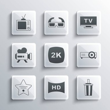 HD film, bant, çerçeve, su, film, medya projektörü, 2k Ultra HD, Şöhret Yürüyüşü yıldızı, Retro sinema kamerası, televizyon ve Akıllı TV ikonu. Vektör