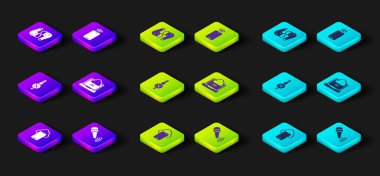 Bulut teknolojisi verileri, kablosuz mikrofon, ses bağlantısı yok, ağ bulut bağlantısı yok, kablosuz cep telefonu ve hava kulaklığı ikonu olan cep telefonu bağlantısı ayarlayın. Vektör