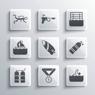 Set Madalyası, Yüzücü, Aqualung, Sörf tahtası, Yat yelkenlisi, Dalgıç ve Su topu ikonu. Vektör