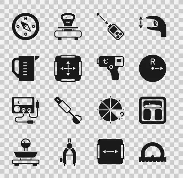 Set Protractor, Bathroom scales, Radius, Laser distance measurer, Area measurement, Measuring cup, Compass and Digital thermometer icon. Vector — Stock Vector