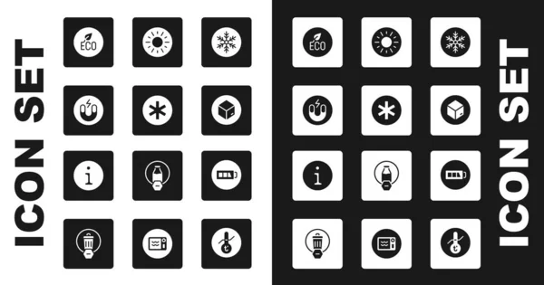 Set Schneeflocke, Medizinisches Symbol für den Notfall, Magnet, Blatt Öko, Kartonschachtel, Sonne, Batterie und Informationssymbol. Vektor — Stockvektor