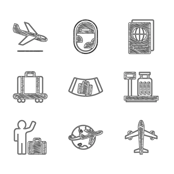 Zestaw Przenośnik taśmowy z walizką, Globe samolot latający, Samolot, Skala, Turystyka, Paszport i ikona lądowania. Wektor — Wektor stockowy