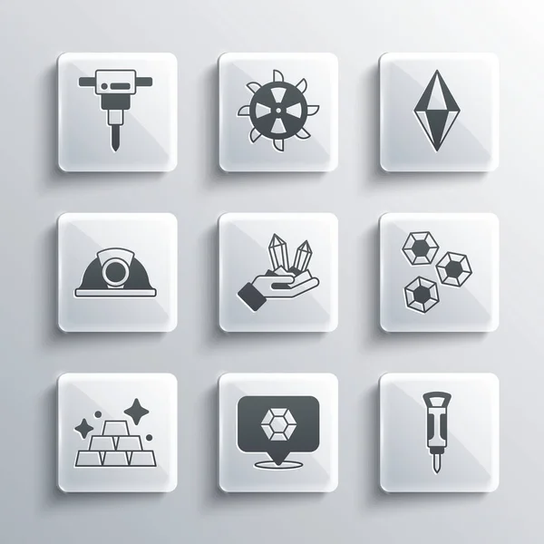 Set Gem steen, Bouw drilboor, Gouden staven, Miner helm, en pictogram. Vector — Stockvector