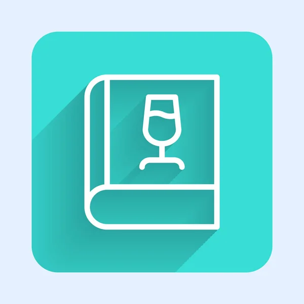 Weiße Linie Buch über Wein-Ikone isoliert mit langem Schatten Hintergrund. Weinglas-Ikone. Weinglasschild. Grüner Quadrat-Knopf. Vektor — Stockvektor