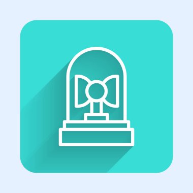 Beyaz çizgi Flasher siren ikonu uzun gölge arkaplan izole. Acil durum sireni. Yeşil kare düğmesi. Vektör