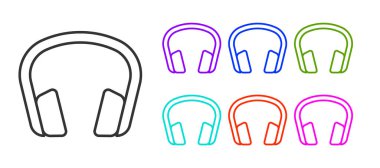 Siyah çizgi kulaklık simgesi beyaz arkaplanda izole edildi. Kulaklıklar. Müzik, hizmet, iletişim ve operatör konsepti. Simgeleri renklendirin. Vektör