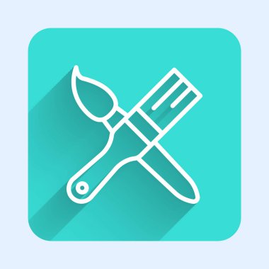 Beyaz çizgi boya fırçası simgesi uzun gölge arkaplan izole. Yeşil kare düğmesi. Vektör