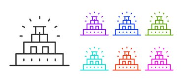 Maya ikonunda siyah çizgi Chichen Itza beyaz arka planda izole edildi. Antik Maya piramidi. Meksika 'nın ünlü anıtı. Simgeleri renklendirin. Vektör