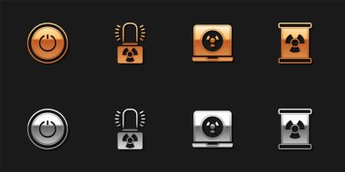 Güç düğmesini, radyoaktif uyarı lambasını, nükleer dizüstünü ve atık varil simgesini ayarla. Vektör