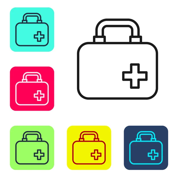 Black line First aid kit icon isolated on white background. Medical box with cross. Medical equipment for emergency. Healthcare concept. Set icons in color square buttons. Vector — Stock Vector