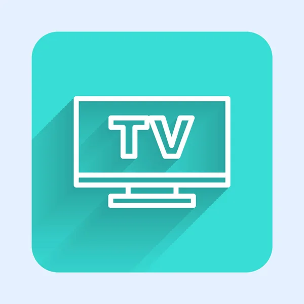 Ikon Smart Tv garis putih terisolasi dengan latar belakang bayangan panjang. Tanda televisi. Tombol hijau persegi. Vektor - Stok Vektor