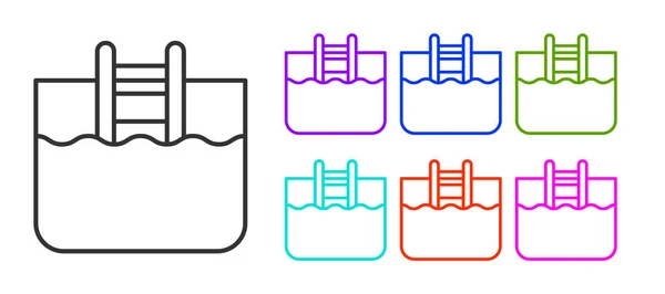 Zwarte lijn Zwembad met ladder icoon geïsoleerd op witte achtergrond. Stel pictogrammen kleurrijk. Vector — Stockvector