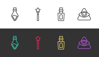 Şişeyi iksirle, sihirli değnekle ve Tanrı 'nın her şeyi gören gözüyle siyah ve beyaza ayarla. Vektör