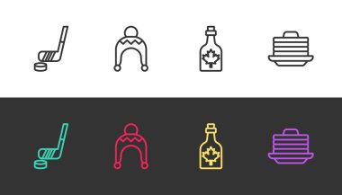 Buz hokeyi sopası ve puck, kış şapkası, akçaağaç şurubu şişesi ve siyah beyaz üzerine yığılmış krep. Vektör