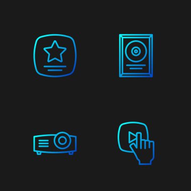 Çevrimiçi oyun videosu, film, medya projektörü, Şöhret Yolu yıldızı ve CD disk ödül çerçevesini ayarla. Renk simgeleri. Vektör