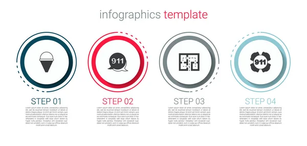 Conjunto cubo de cono de fuego, llamada de emergencia 911, plan de evacuación y. Plantilla de infografía empresarial. Vector — Vector de stock