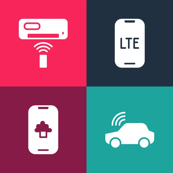 Set pop art Smart car system, Cloud technology data, LTE network and Air conditioner icon. Vecteur — Image vectorielle