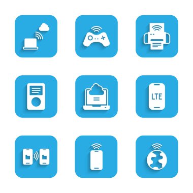 Network bulut bağlantısını ayarla, Wi-fi kablosuz mobil, Global teknoloji, LTE ağı, veri transferi ve depolama, müzik çalar, Smart yazıcı sistemi ve simgesi ile mobil. Vektör