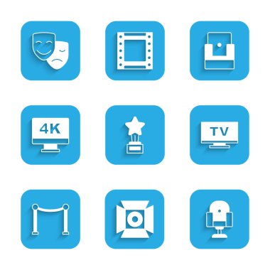 Film kupası, spot ışığı, yönetmen koltuğu, akıllı televizyon, ip engeli, 4K, sinema ve komedi ve trajedi maskeleri ikonlu televizyon. Vektör