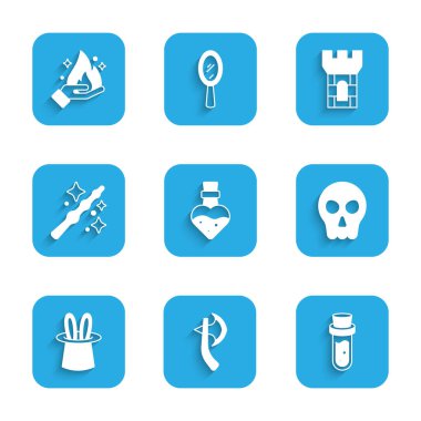 İksir şişesi, tahta balta, Kafatası, Sihirbaz şapkası ve tavşan kulakları, değnek ve ateş ikonu tutan El ile ayarlayın. Vektör