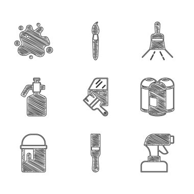 Araba boyası, boya fırçası, sprey tabanca, kutu, kova ve ikon. Vektör