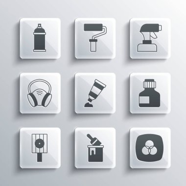 Boya kovasını fırça, RGB ve CMYK renk karıştırma, boya, gouache, kavanoz, boya, tüp boya paleti, sprey başlık, gaz maskesi, sprey ve silah ikonu ile ayarla. Vektör