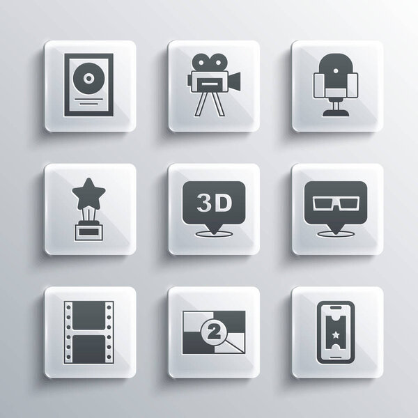 Установите рамку обратного отсчета старого фильма, Купить билет в кино онлайн, 3D очки, слово, воспроизведение видео, трофей Movie, приз CD-диска и значок режиссерского кресла. Вектор