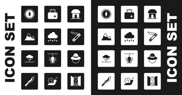 Set afrikanische Hütte, Wolke mit Regen, Berge, Kompass, Schweizer Taschenmesser, Verbandskasten, Zeltmütze und Baumsymbol. Vektor — Stockvektor