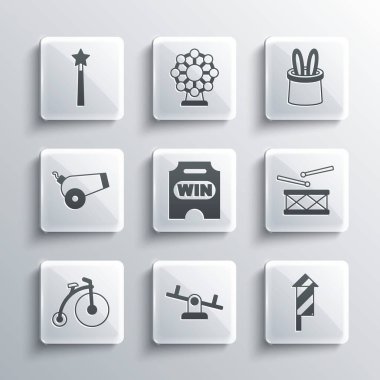 Tahterevalli, Havai fişek, bagetli davul, sirk bileti, klasik bisiklet, top, sihirli değnek ve sihirli tavşan şapkası ikonu. Vektör