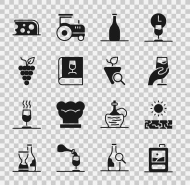 Karton şarap, kuraklık, şarap tatma, degukasyon, şişe, kitap, üzümler, peynir ve üzüm ikonu. Vektör