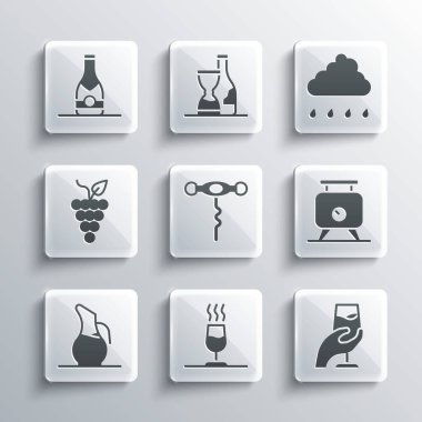 Şarap tatma, deguasyon, üzüm fermantasyonu, tirbuşon, şarap için deklanşör, şampanya şişesi ve yağmur ikonlu bulut. Vektör