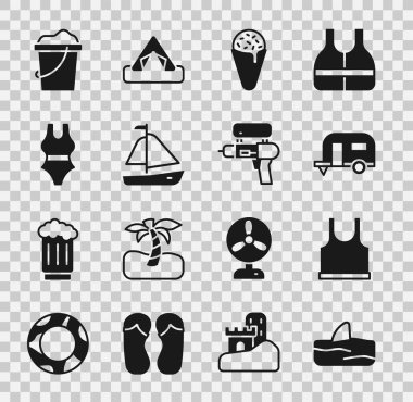 Okyanus dalgasında köpekbalığı yüzgeci, kolsuz tişört, karavan karavanı, dondurma külahı, yat yelkenlisi, mayo, kum kovası ve su tabancası ikonu. Vektör