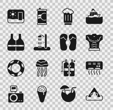 Turist çadırı, klima, vücut geliştirme kası, tahta bira kupası, plaj duşu, can yeleği, seyahat kartpostalı ve parmak arası terlik ikonu. Vektör