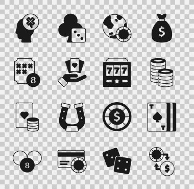 Kumarhane fişleri değiş tokuşu, oyun kartları, el ele tutuşmalar, piyango tombala, yoncalı kumar makinesi ve büyük ikramiye simgesi. Vektör