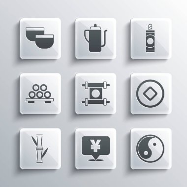 Çin Yuan para birimi, Yin Yang, Kararname, kağıt, parşömen, parşömen, parşömen, Bambu, kesme tahtası, çay seremonisi ve havai fişek ikonu. Vektör