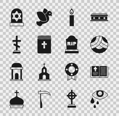 Gözyaşları, Kutsal İncil kitabı, Anıt çelengi, yanan mum, haçlı mezar, David ve Tombstone RIP 'nin yıldızı, yazılı ikon. Vektör