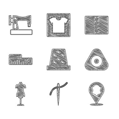 Dikiş için Thimble, iplik, deri, dikiş tebeşiri, manken, mezura, tekstil kumaş rulo ve makine simgesi ile iğne yapın. Vektör