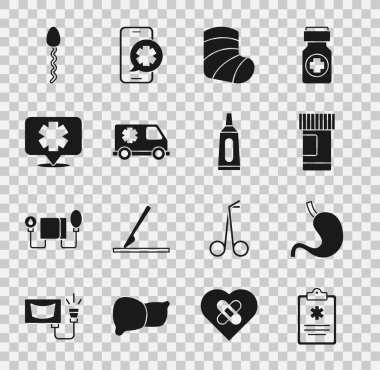 Klinik kayıtları, insan midesi, ilaç şişesi ve haplar, alçı taşı, acil durum arabası, Sperm ve merhem krem tüp tıp ikonunun tıbbi sembolü. Vektör